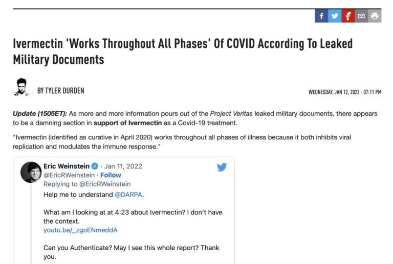 イベルメクチンがコロナの「全フェーズで有効」であることが、リークされた軍用文書で判明