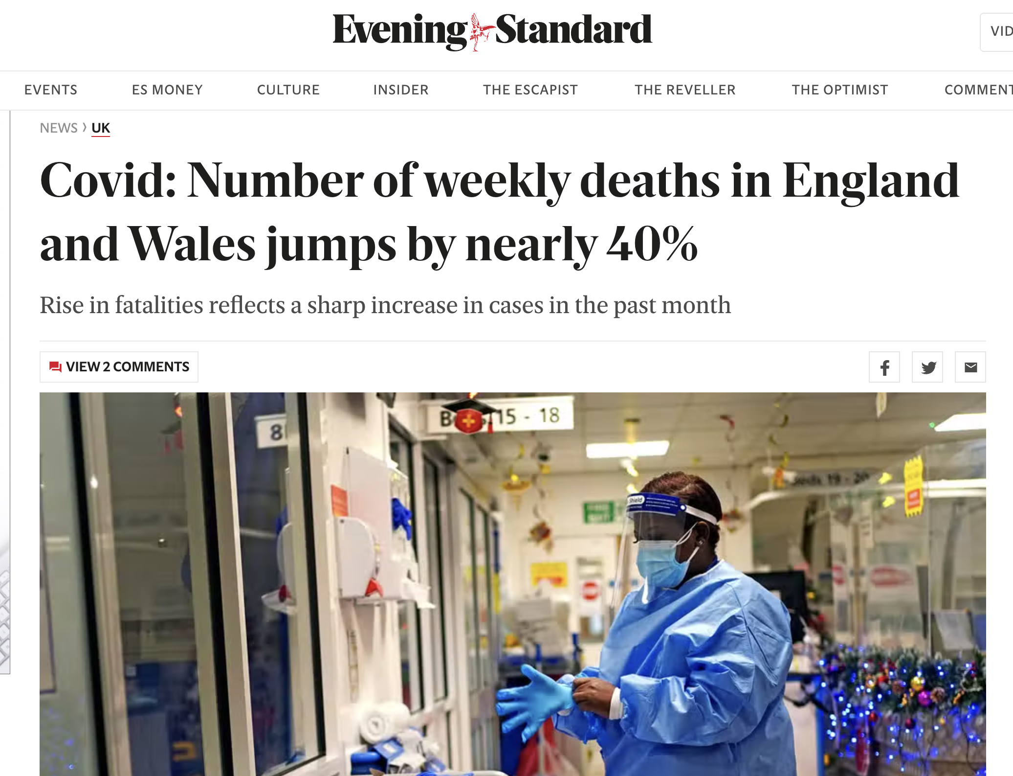 イングランドおよびウェールズにおける週単位の死亡者数が約40％急増