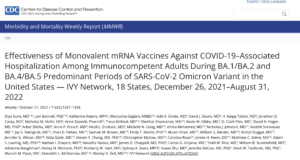 米国におけるSARS-CoV-2オミクロン変異体のBA.1/BA.2およびBA.4/BA.5優勢期における免疫無能力 成人のCOVID-19関連入院に対する一価mRNAワクチンの有効性 - IVYネットワーク、18州、2021年12月26日～2022年8月31日