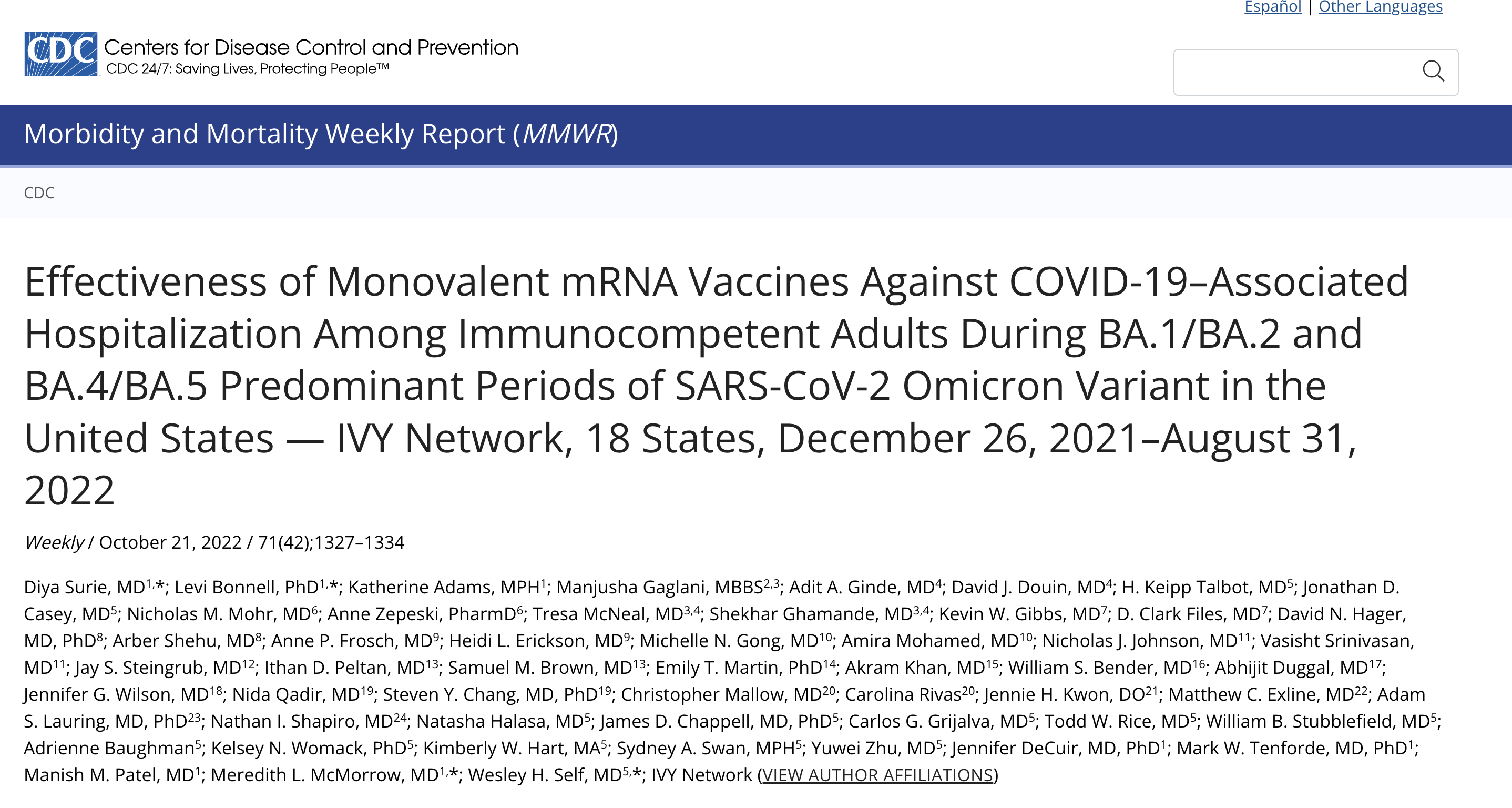 米国におけるSARS-CoV-2オミクロン変異体のBA.1/BA.2およびBA.4/BA.5優勢期における免疫無能力 成人のCOVID-19関連入院に対する一価mRNAワクチンの有効性 - IVYネットワーク、18州、2021年12月26日～2022年8月31日