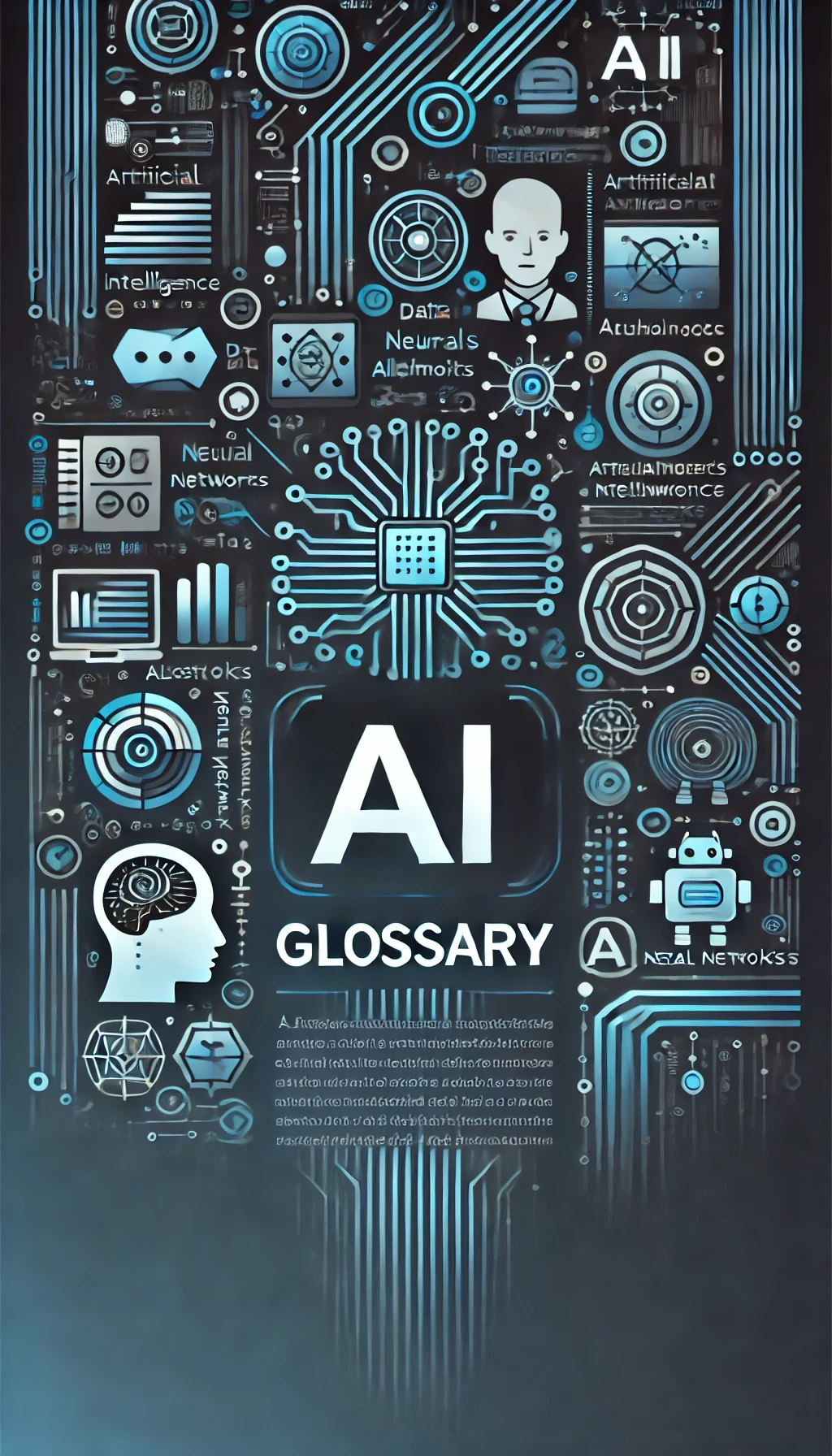 AIの用語集: 知っておくべき45の重要な用語 DALL·E 2024-09-09 11.10.47 - A vertical image for a glossary of AI terms. The design should feature a clean and modern look, with icons and symbols representing artificial intelli AIの用語集: 知っておくべき45の重要な用語