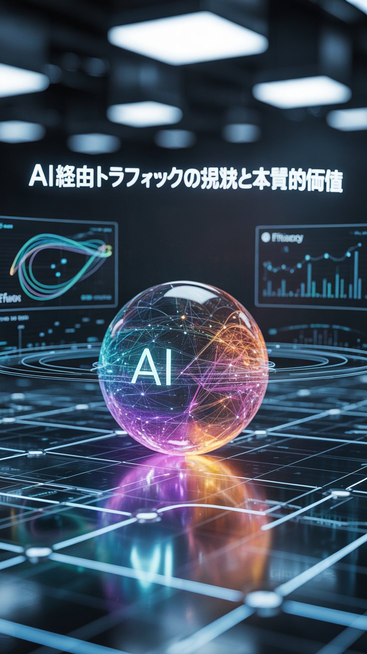 a-photograph-depicting-a-futuristic-data_6K0OTP_mS_6zvPgqE9Jy8Q_1a69Vq27Tkef2GP8bNU6cg AI経由トラフィックの現状と本質的価値 始まり