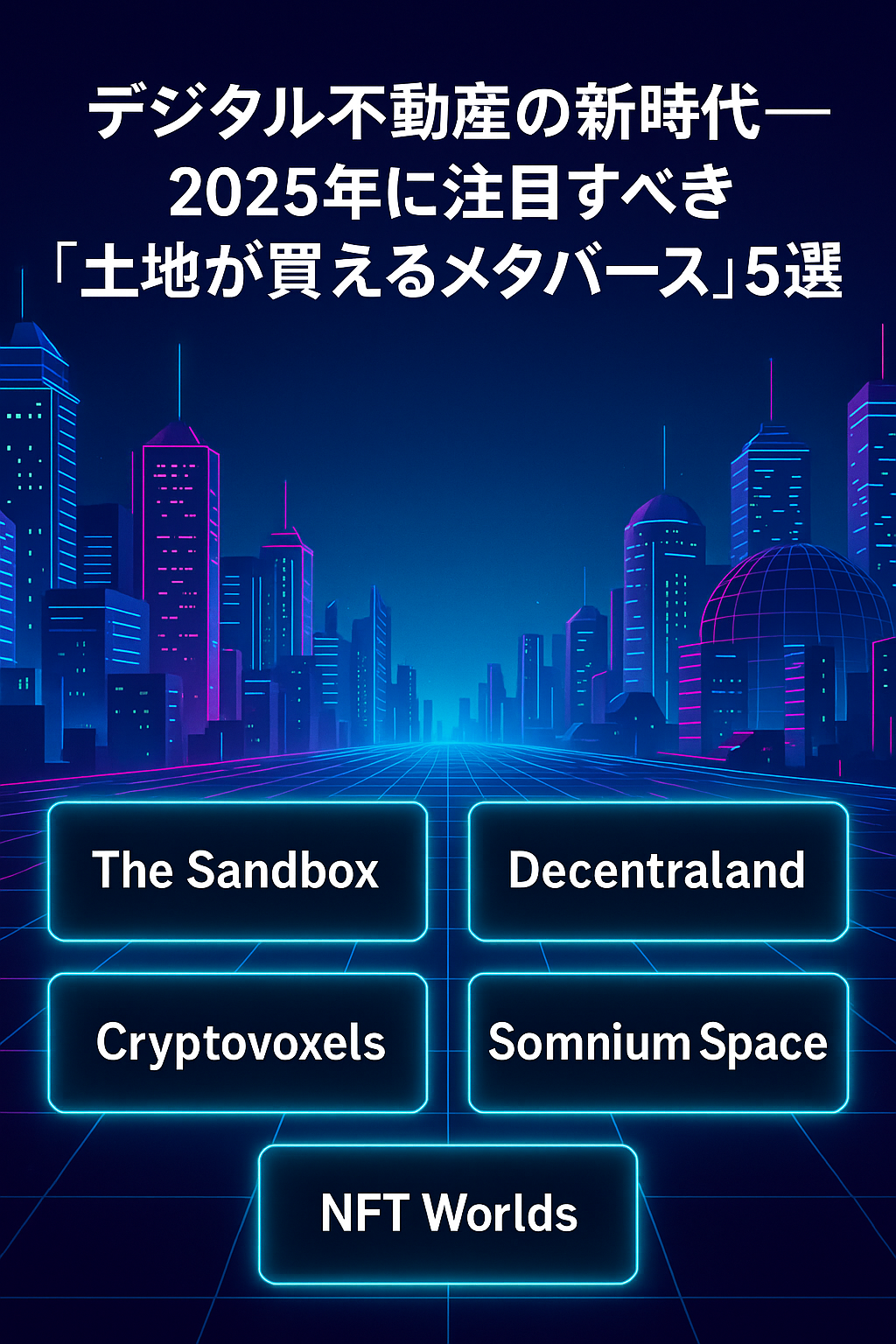 20250804_1110_メタバース不動産革命_simple_compose_01k1sde24gfwzaknjewhqaxnq6 デジタル不動産の新時代──2025年に注目すべき「土地が買えるメタバース」5選