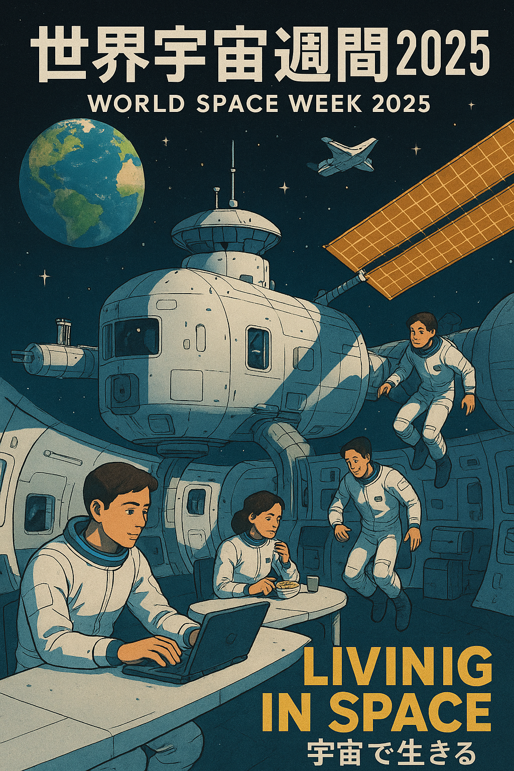 20250806_0514_宇宙で生きる_simple_compose_01k1xxv99yew08h6z2pgrwj6b2 🌍 世界宇宙週間2025の公式ポスター公開:「Living in Space(宇宙で生きる)」 コンテンツ開始