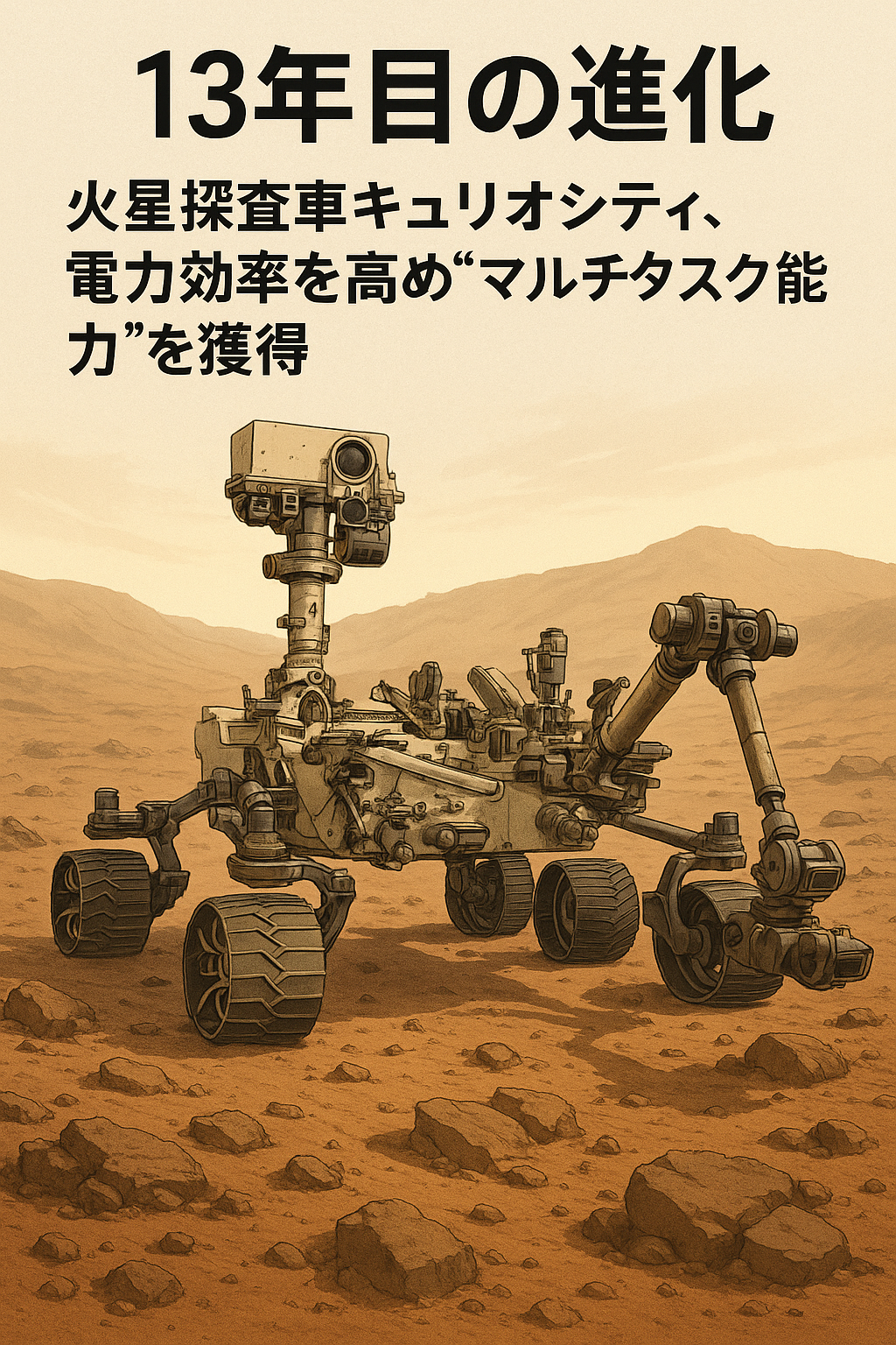 20250806_1729_キュリオシティの進化_simple_compose_01k1z7vjn0eev9y6ngyp5pdbxc 【13年目の進化】火星探査車キュリオシティ、電力効率を高め“マルチタスク能力”を獲得