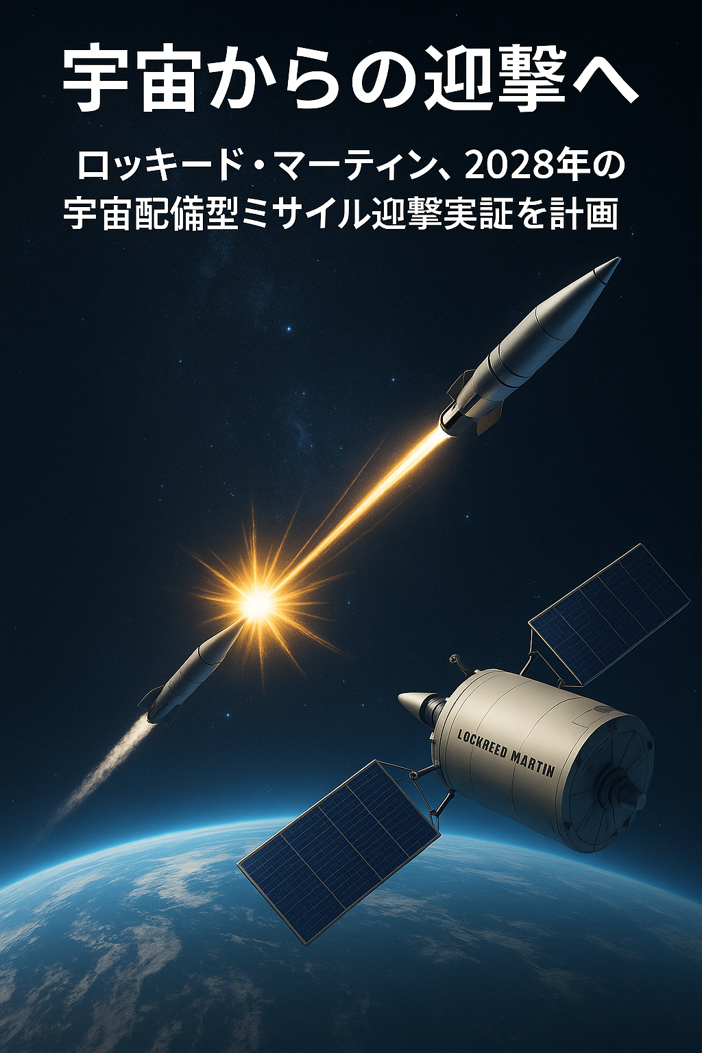20250806_1731_宇宙ミサイル迎撃計画_simple_compose_01k1z7zngaf65bwzsdvwg7g64t 【宇宙からの迎撃へ】ロッキード・マーティン、2028年の宇宙配備型ミサイル迎撃実証を計画