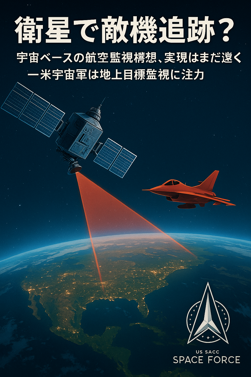 20250806_1740_宇宙からの航空監視_simple_compose_01k1z8gnh4e26skj66h3zwsmpc 【衛星で敵機追跡?】宇宙ベースの航空監視構想、実現はまだ遠く──米宇宙軍は地上目標監視に注力