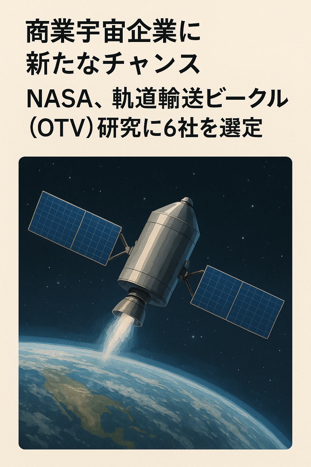20250806_1744_宇宙産業の新機会_simple_compose_01k1z8qacyfpmakcv3p8ra3p51 【商業宇宙企業に新たなチャンス】NASA、軌道輸送ビークル(OTV)研究に6社を選定