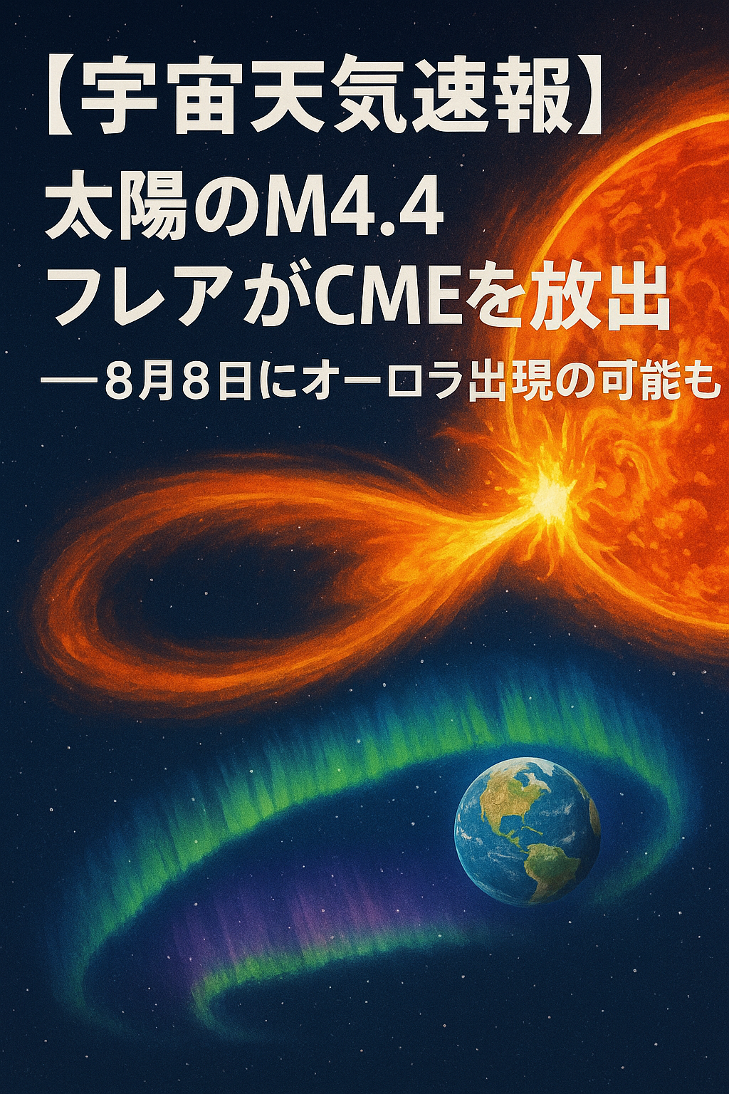 【宇宙天気速報】太陽のM4.4フレアがCMEを放出──8月8日にオーロラ出現の可能性も 20250808_1845_太陽フレアとオーロラ_simple_compose_01k24h1mqqeepshx97vtswgx09 【宇宙天気速報】太陽のM4.4フレアがCMEを放出──8月8日にオーロラ出現の可能性も