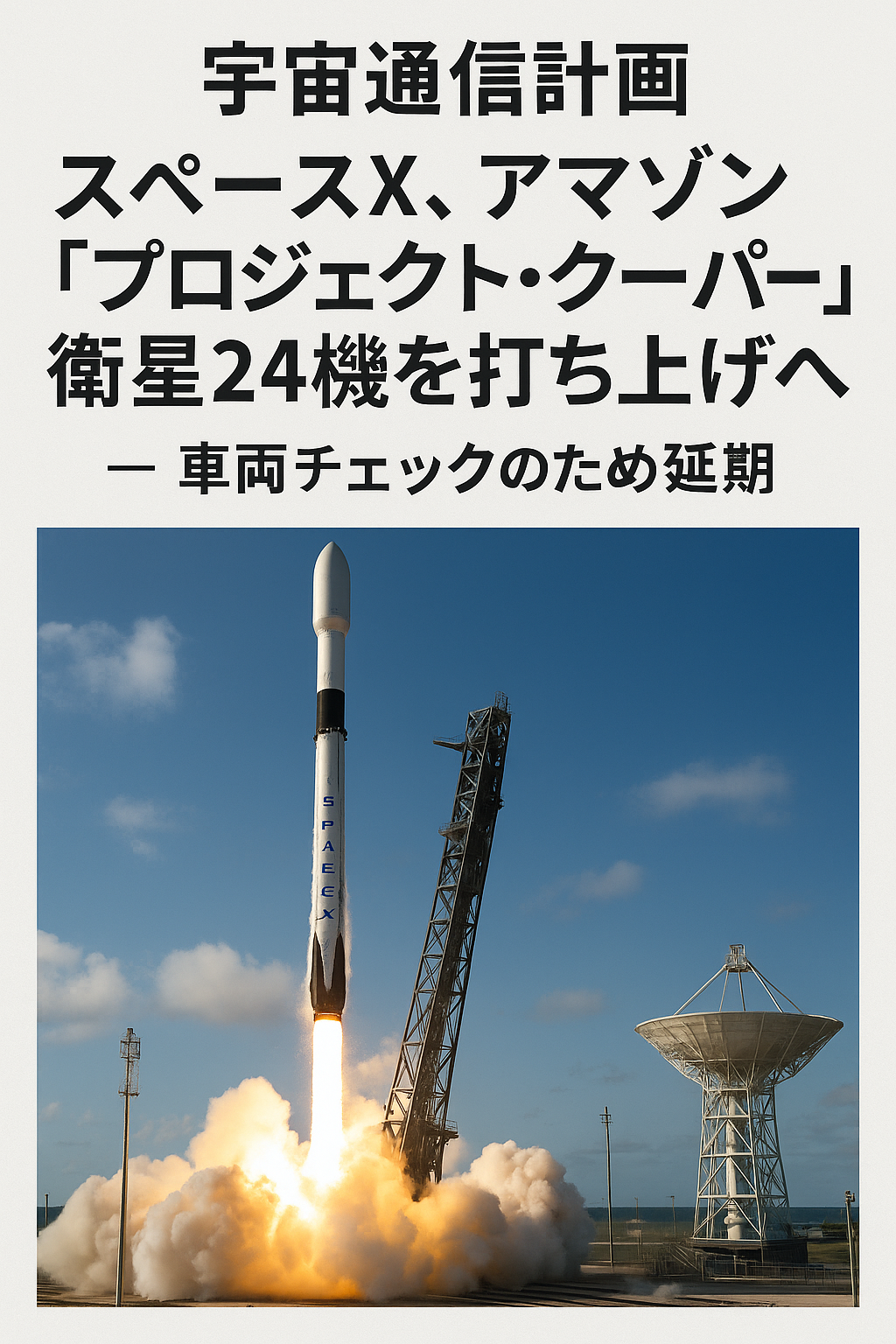 20250808_1855_宇宙通信プロジェクト_simple_compose_01k24hk54fe8nsfzyecf02f46v 【宇宙通信計画】スペースX、アマゾン「プロジェクト・クーパー」衛星24機を打ち上げへ ─ 車両チェックのため延期