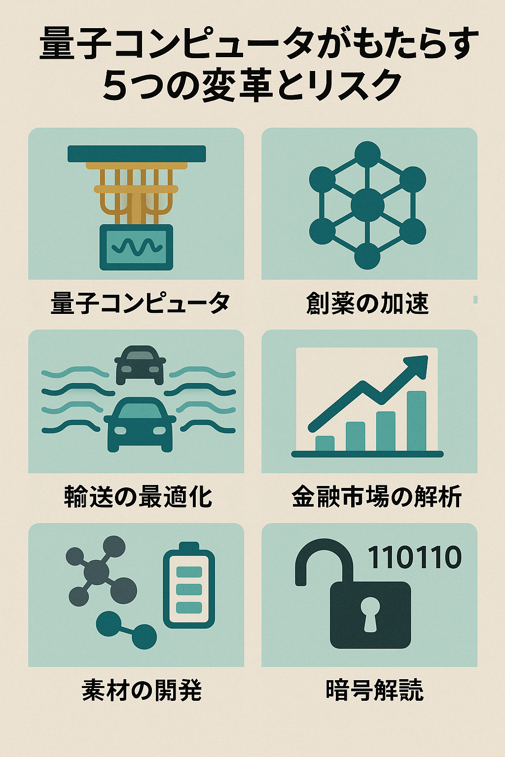 20250810_0723_量子コンピュータの変革_simple_compose_01k28et5qjf43rywgp327n5gyk 量子コンピュータがもたらす5つの変革とリスク