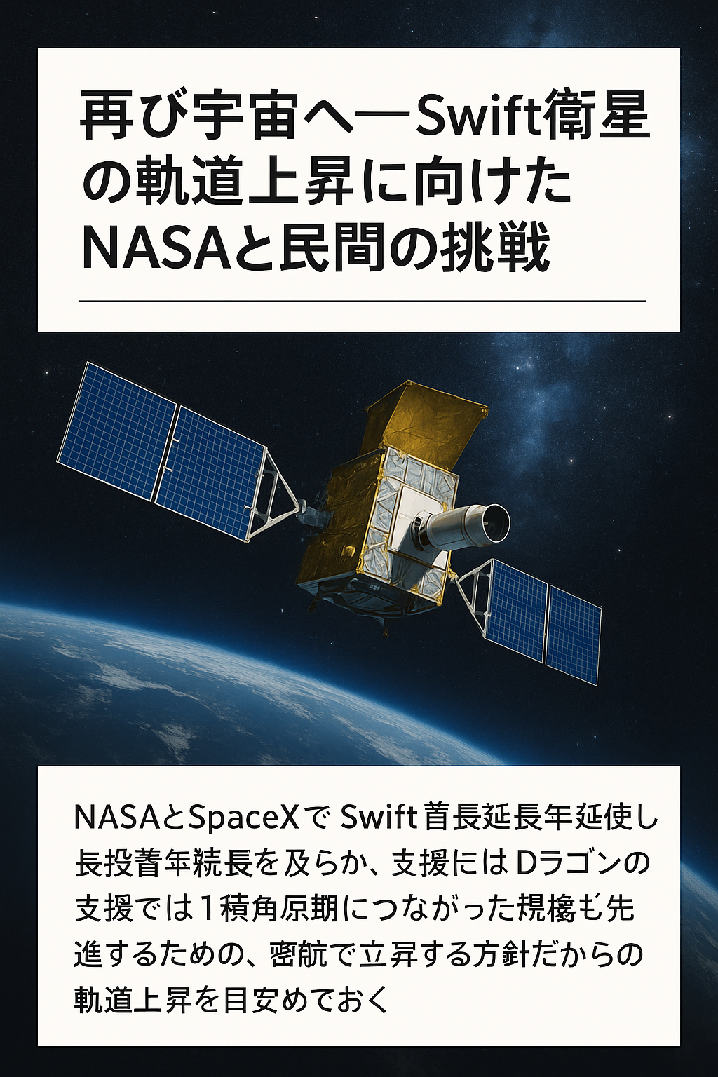 20250814_1146_スウィフト衛星軌道上昇_simple_compose_01k2k7dcbgepat6f7132532v03 【再び宇宙へ──Swift衛星の軌道上昇に向けたNASAと民間の挑戦】コンテンツ開始