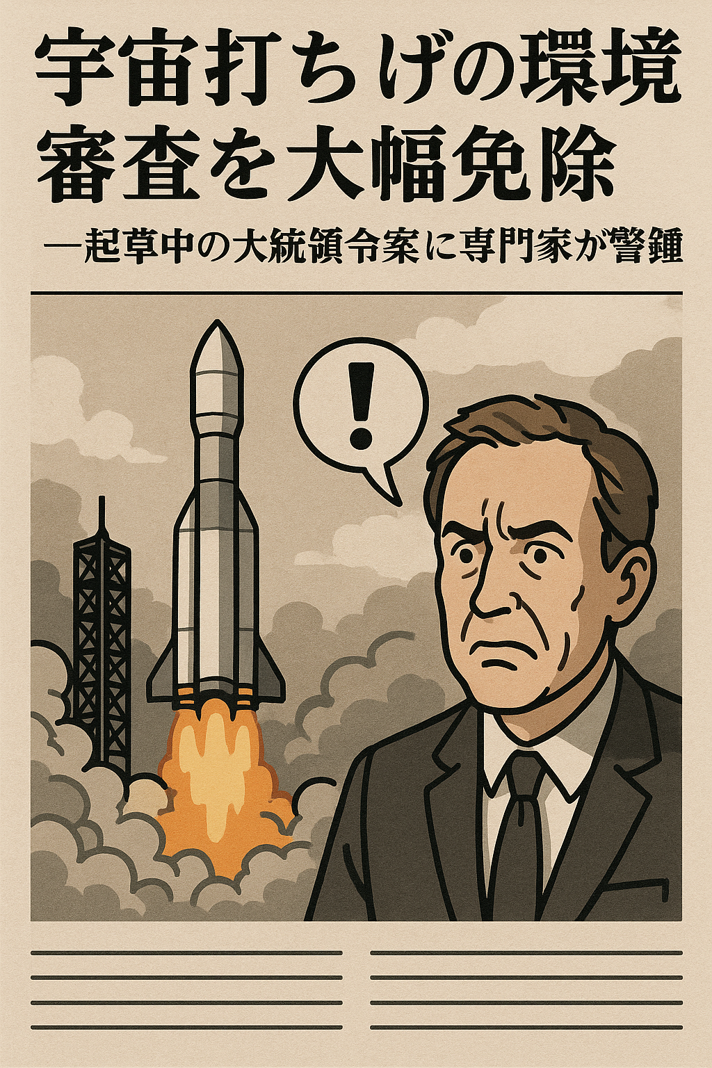 20250817_0801_宇宙環境規制の警鐘_simple_compose_01k2thrsnweng9qrn8v777e51y 「宇宙打ち上げの環境審査を大幅免除」—起草中の大統領令案に専門家が警鐘 コンテンツ開始