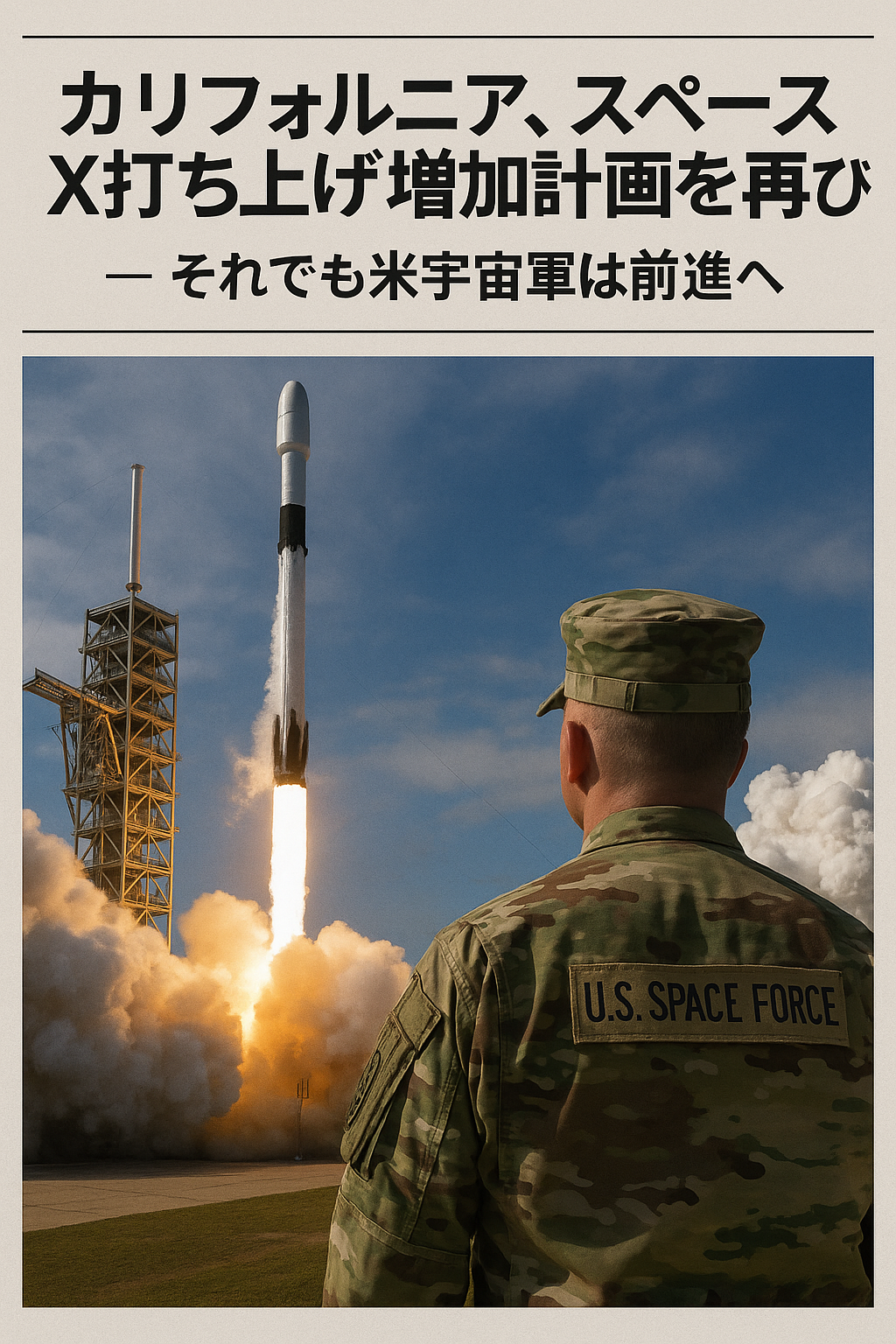 20250818_1640_スペースX打ち上げ否決_simple_compose_01k2y1tanbfq7811jc917skvt6 カリフォルニア、スペースX打ち上げ増加計画を再び拒否 ― それでも米宇宙軍は前進へ
