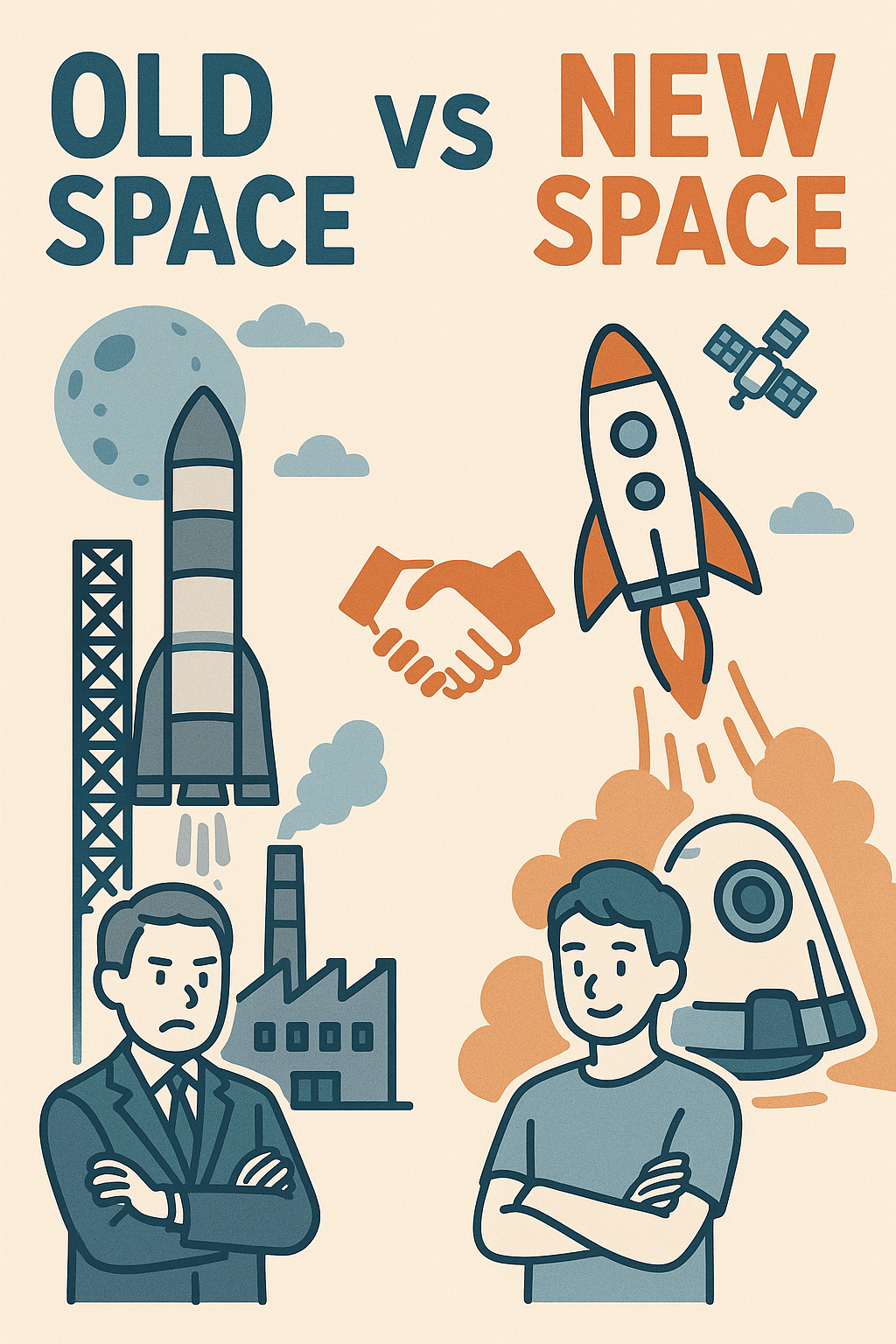 20250820_1312_新旧スペースの共存_simple_compose_01k32trjqve5xadn9j3vnve3bf 旧来の「Old Space」と新興「New Space」の対立から共存へ コンテンツ開始