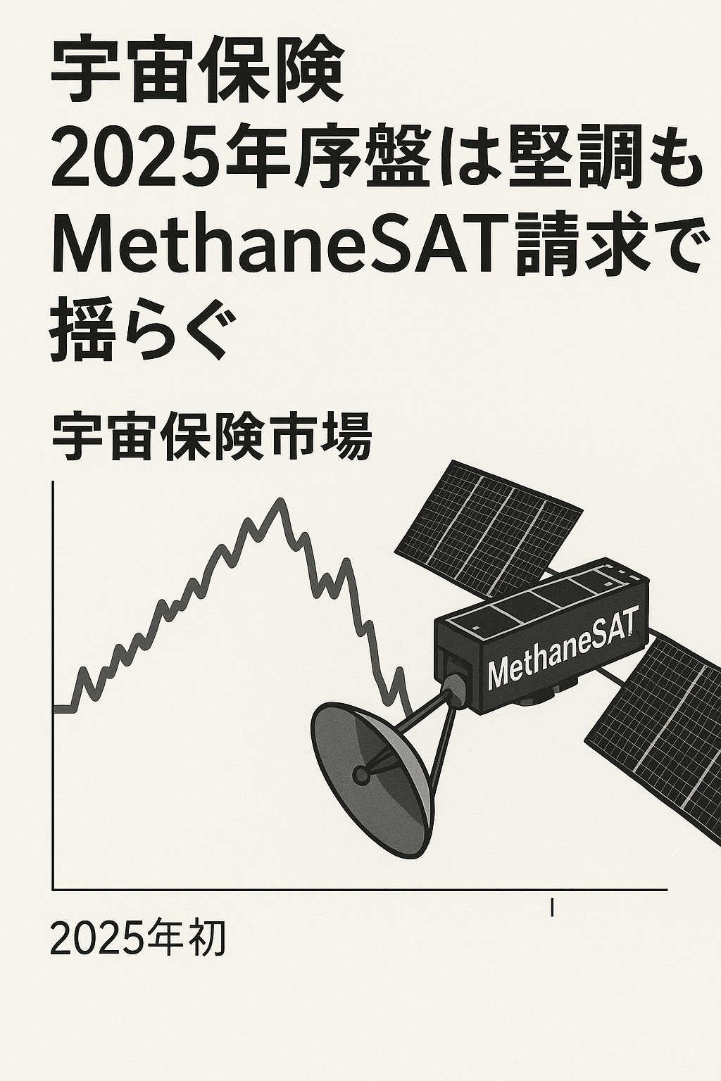 20250820_1329_宇宙保険変動_simple_compose_01k32vre61e1y940nynw355w44 まとめ記事:「宇宙保険 2025年序盤は堅調もMethaneSAT請求で揺らぐ」(2025年8月17日)