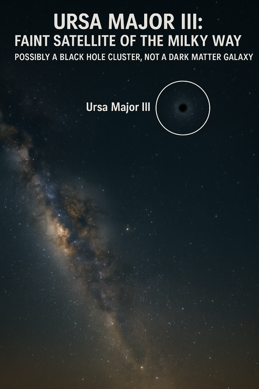20250821_1514_ブラックホール星団の可能性_simple_compose_01k35m4s9qfndvtnwgtfv4zcxj 天の川銀河で最も淡い衛星Ursa Major III:ダークマター銀河ではなくブラックホール星団の可能性