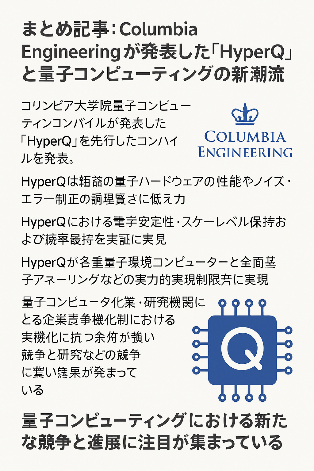 20250825_1533_量子コンピューティングの革命_simple_compose_01k3fyrvmdeqfsaja0w2pcct56 まとめ記事:Columbia Engineeringが発表した「HyperQ」と量子コンピューティングの新潮流 コンテンツ開始