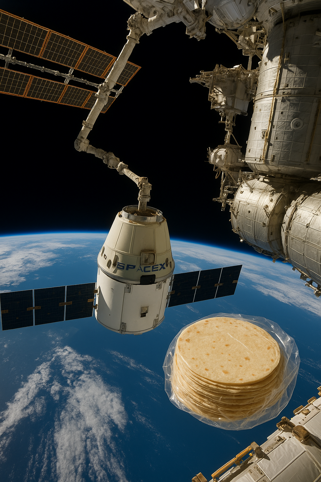 国際宇宙ステーションにスペースXの補給船が到着、トルティーヤ1500枚も届ける コンテンツ開始 画像は聖せしAI作成 20250827_1827_ISSにトルティーヤ到着_simple_compose_01k3ndh6pyey0vsx61b8q14td5 国際宇宙ステーションにスペースXの補給船が到着、トルティーヤ1500枚も届ける コンテンツ開始 画像は聖せしAI作成