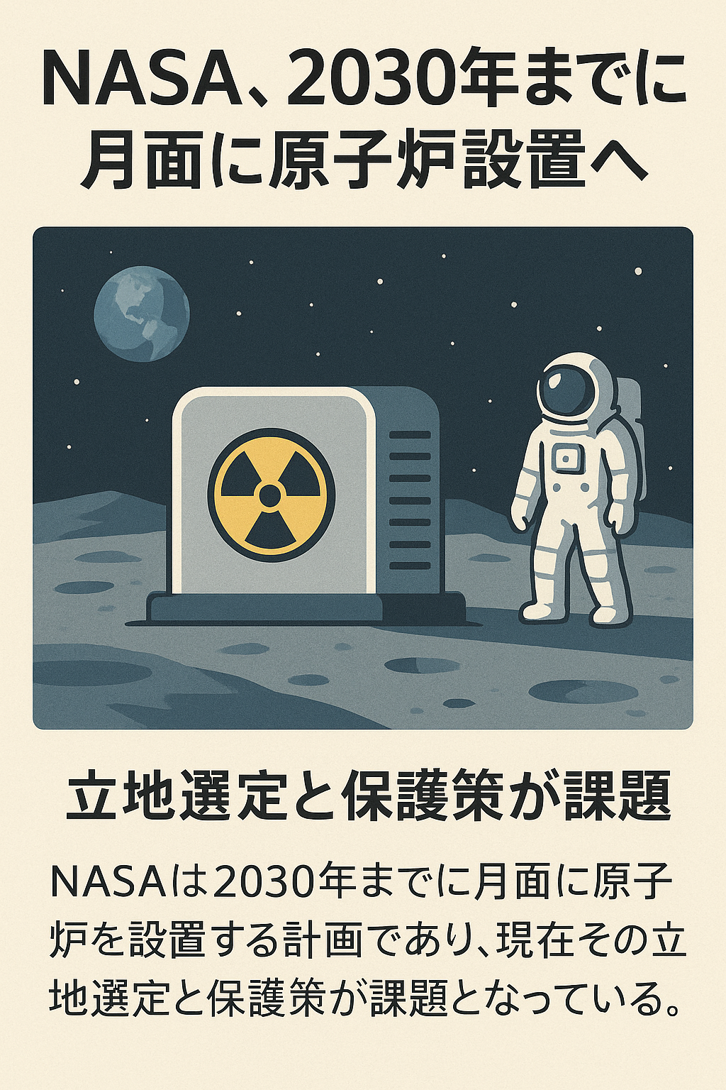 20250902_1314_月面原子炉計画_simple_compose_01k449zs1qed79b0hahykaf69s まとめ記事:NASA、2030年までに月面に原子炉設置へ ― 立地選定と保護策が課題