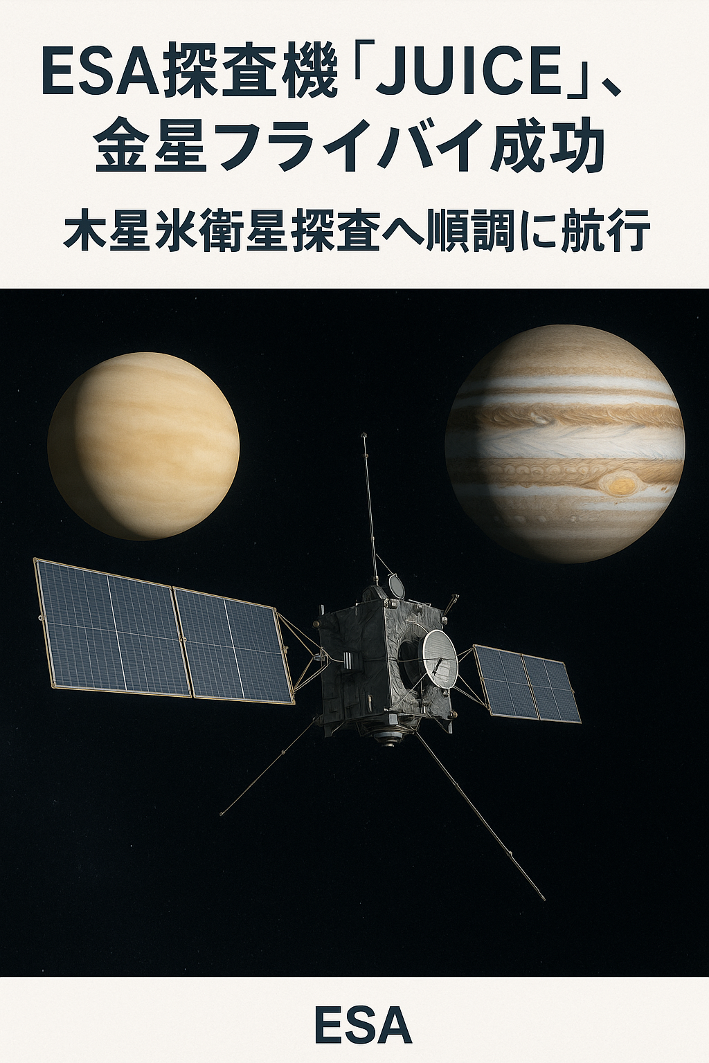 20250902_1326_ESA探査機の金星フライバイ_simple_compose_01k44apmrcewss6g8ape8nghxe まとめ記事:ESA探査機「JUICE」、金星フライバイ成功 ― 木星氷衛星探査へ順調に航行
