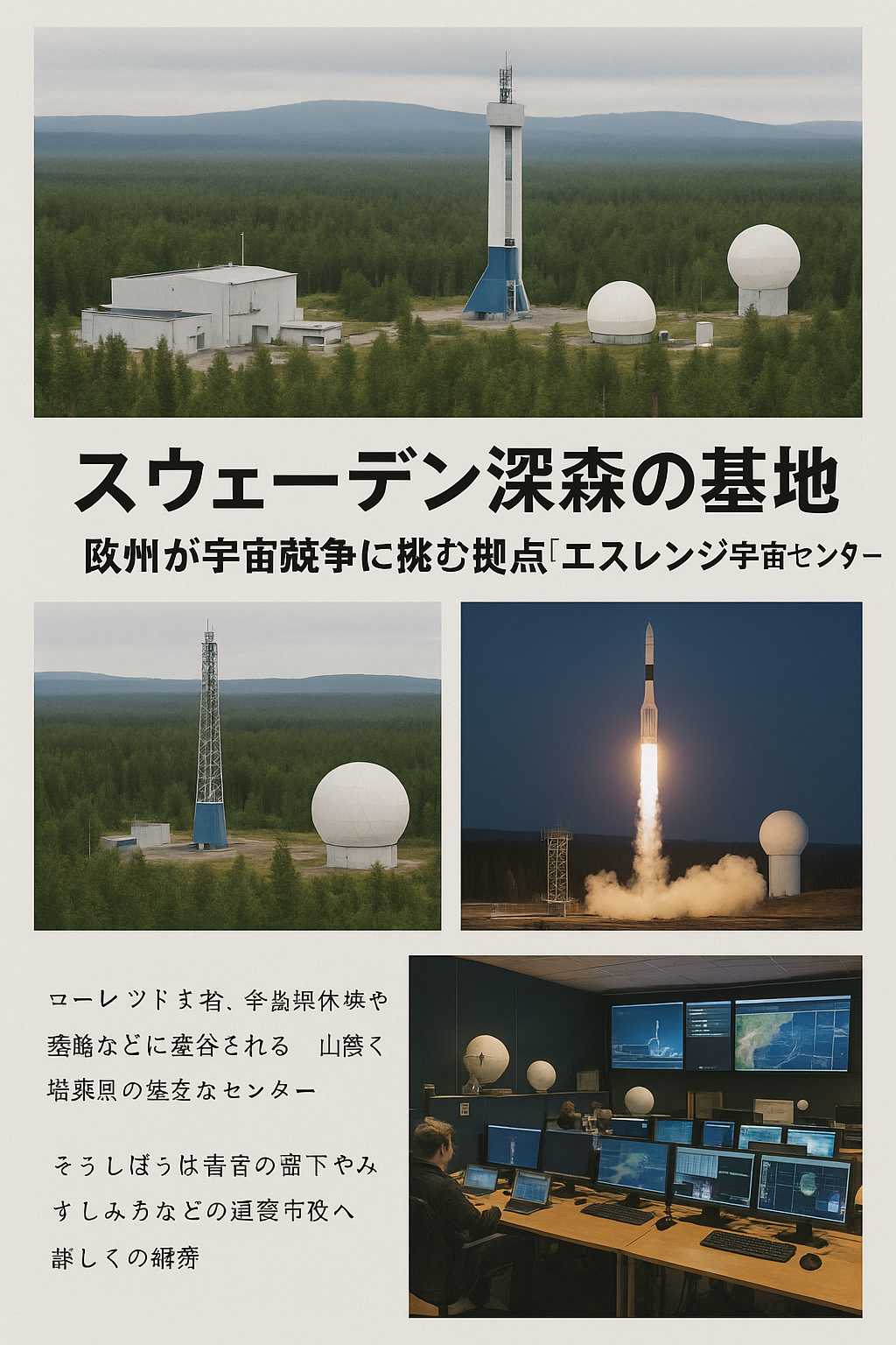 20250902_1450_エスレンジ宇宙センター_simple_compose_01k44fhcpyf3j9gh977r07522s まとめ記事:スウェーデン深森の基地 ― 欧州が宇宙競争に挑む拠点「エスレンジ宇宙センター」