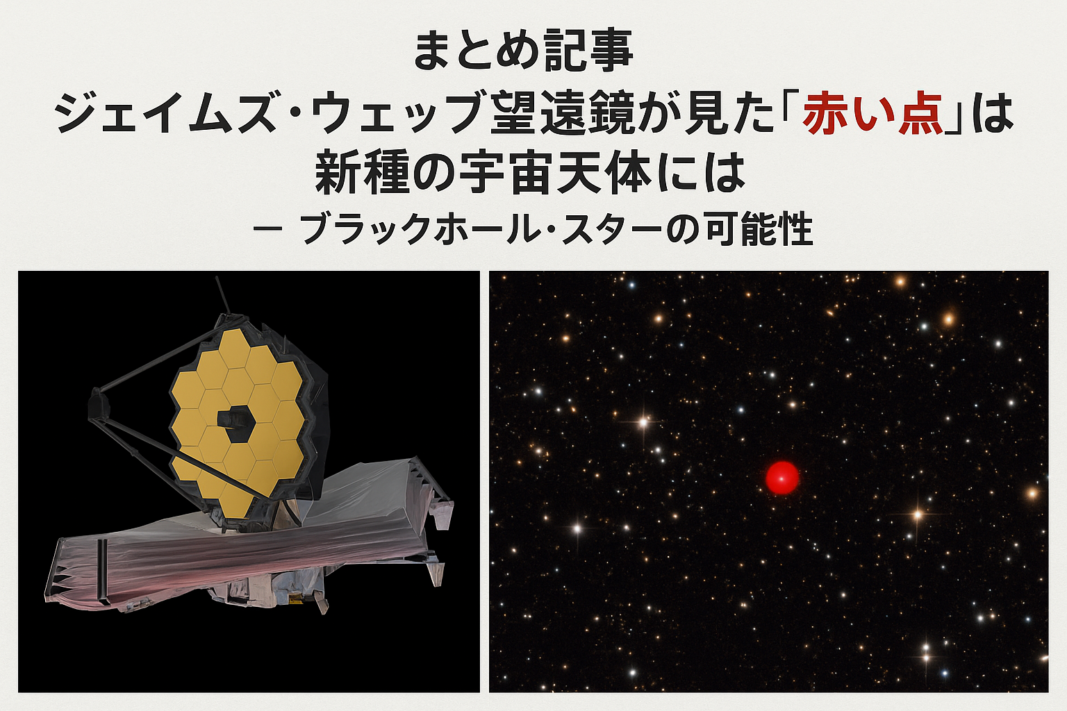 20250917_1824_ジェームズ・ウェッブの発見_simple_compose_01k5bfpn3vejjre5ejc4bt4zkj まとめ記事:ジェイムズ・ウェッブ望遠鏡が見た「赤い点」は新種の宇宙天体 ― ブラックホール・スターの可能性