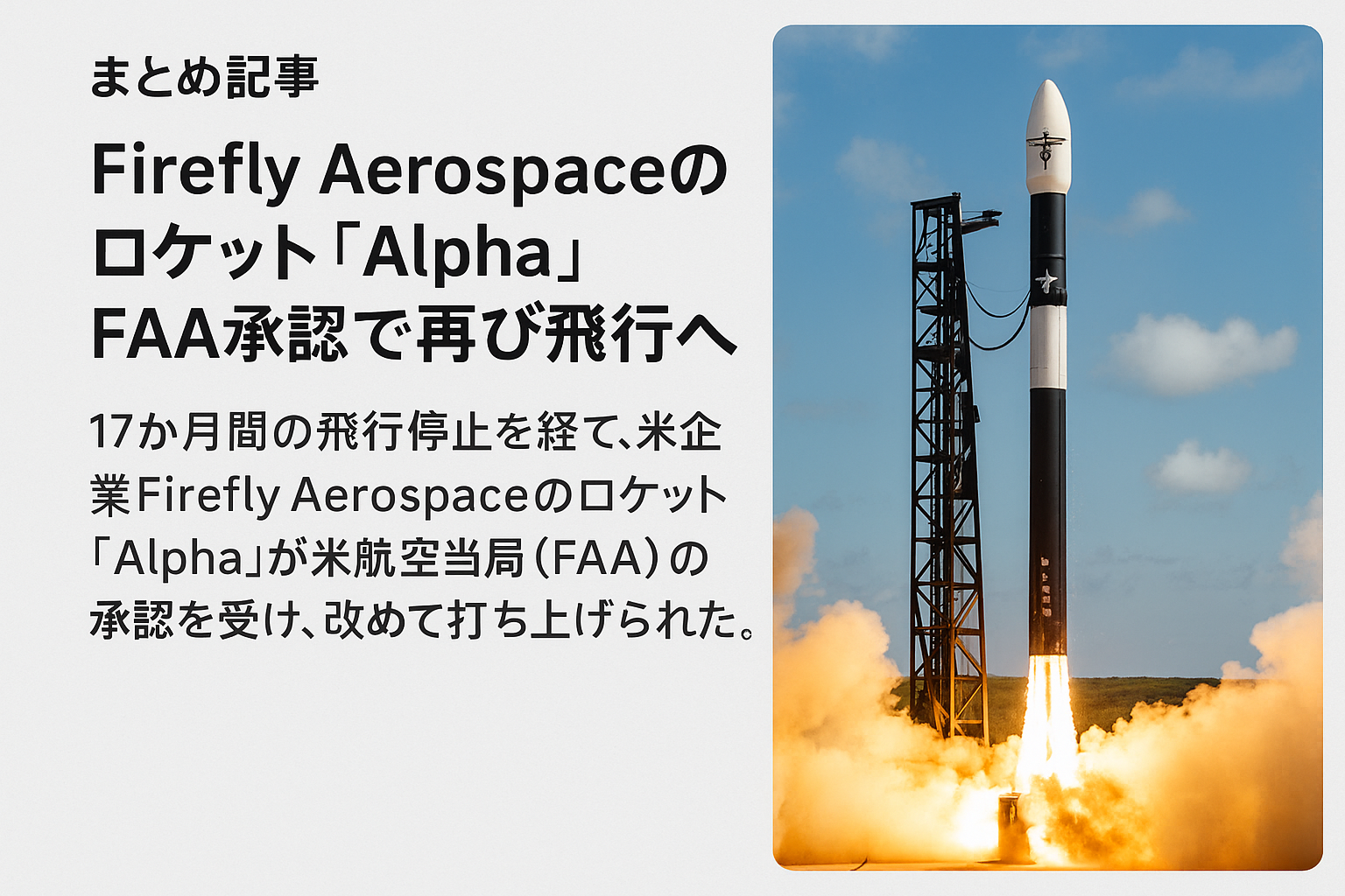 20250917_1827_Firefly社ロケット再飛行_simple_compose_01k5bfw8z4fdxt77axq7bjkexf まとめ記事:Firefly Aerospaceのロケット「Alpha」、FAA承認で再び飛行へ