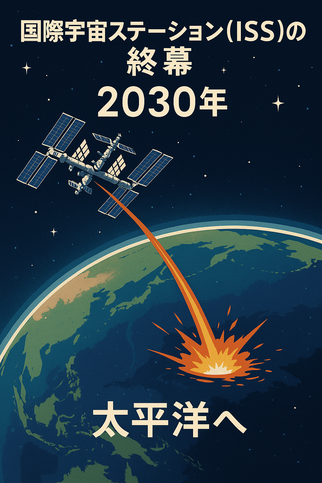 20251014_1055_ISS終幕_simple_compose_01k7g6r7daepmb0hver0h3m6az 🌍 国際宇宙ステーション(ISS)の終幕:2030年に太平洋へ