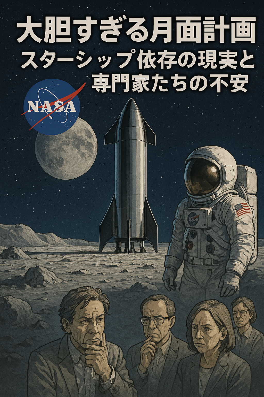 20251014_1407_月面計画と専門家の懸念_simple_compose_01k7ghr7vpey1rxamgh40hr71k 🚀 NASAの大胆すぎる月面計画:スターシップ依存の現実と専門家たちの不安