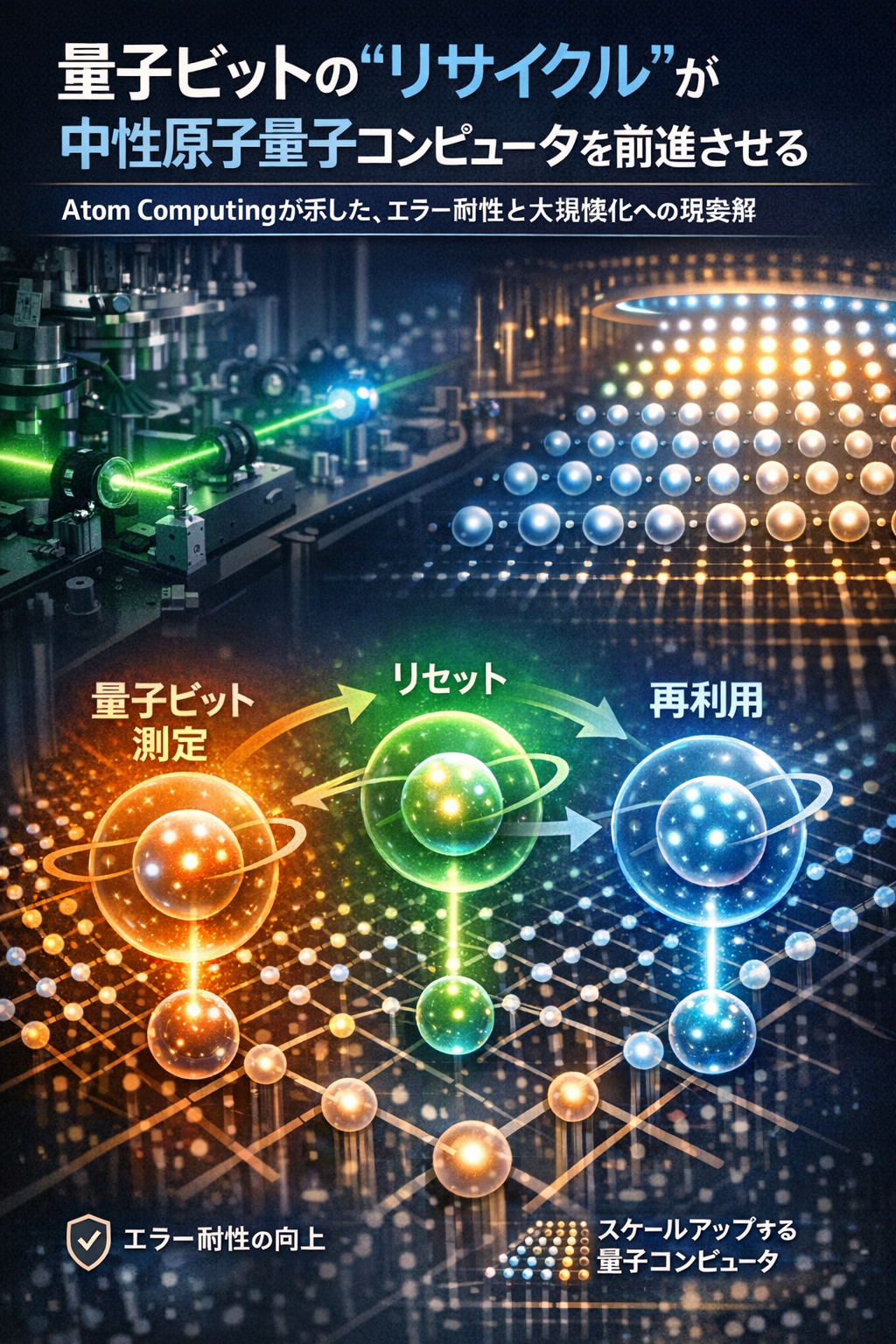 20251223_0601_中性原子量子コンピュータ_simple_compose_01kd3xtc81e69bkw4695j4t5pd 量子ビットのリサイクルが中性原子量子コンピュータを前進させる― Atom Computingが示した、エラー耐性と大規模化への現実解