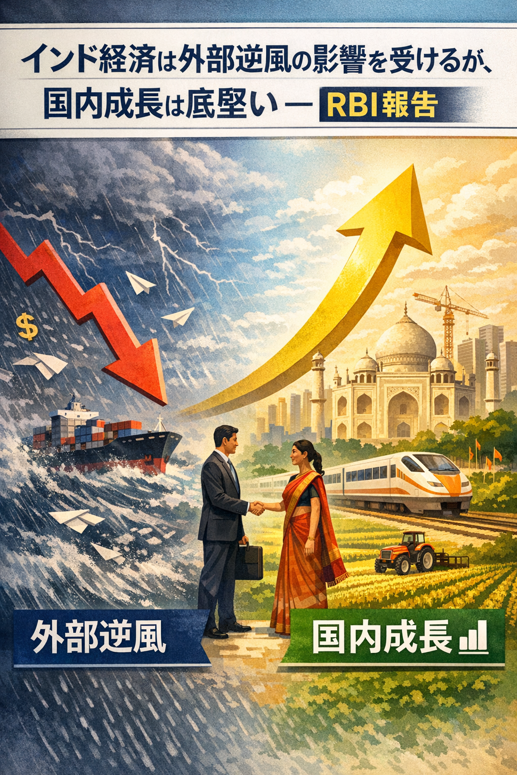20251223_1214_インド経済の強靭成長_simple_compose_01kd4k44tcezfa9hawdqcz2r5x 「インド経済は外部逆風の影響を受けるが、国内成長は底堅い ― RBI報告」