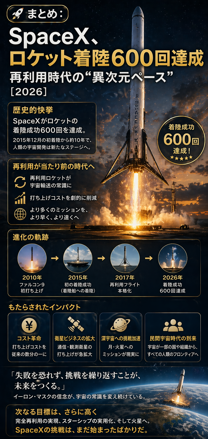 🚀まとめ：SpaceX、ロケット着陸600回達成──再利用時代の“異次元ペース”【2026】