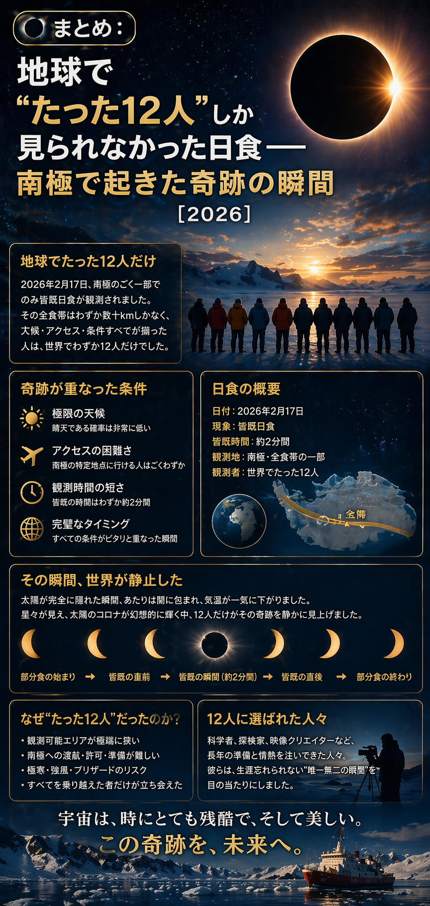 🌑まとめ：地球で“たった12人”しか見られなかった日食──南極で起きた奇跡の瞬間【2026】