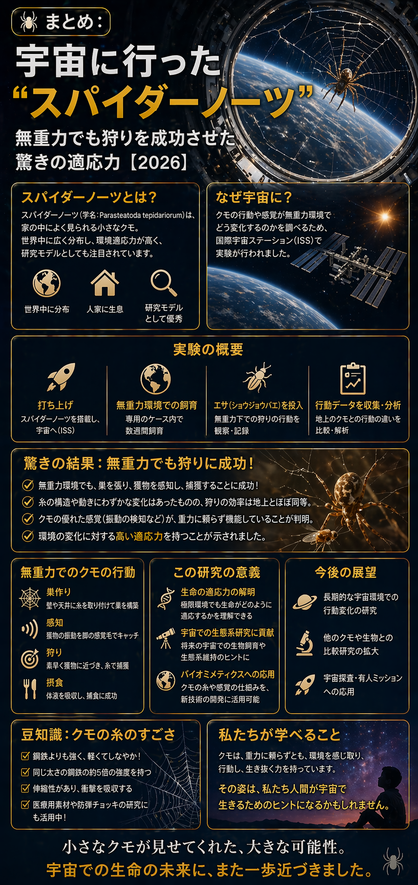 🕷️まとめ：宇宙に行った“スパイダーノーツ”──無重力でも狩りを成功させた驚きの適応力【2026】