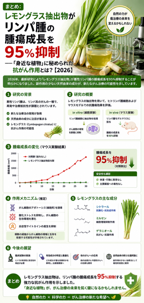まとめ：レモングラス抽出物がリンパ腫の腫瘍成長を95％抑制──「身近な植物」に秘められた抗がん作用とは？【2026】