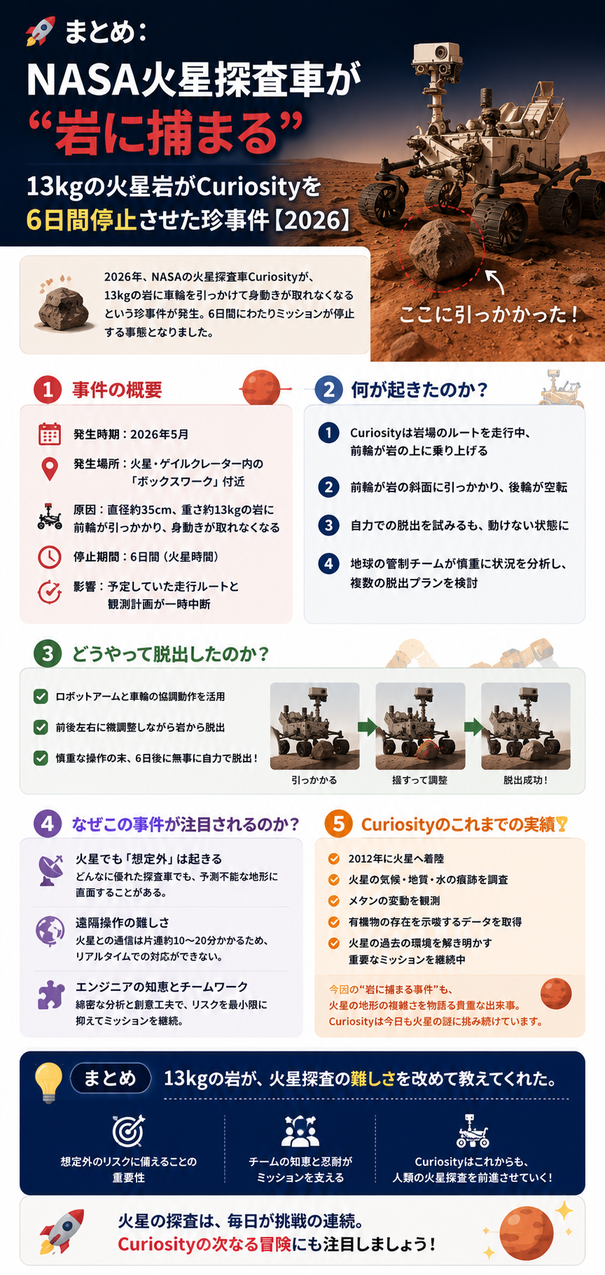 🚀まとめ：NASA火星探査車が“岩に捕まる”──13kgの火星岩がCuriosityを6日間停止させた珍事件【2026】