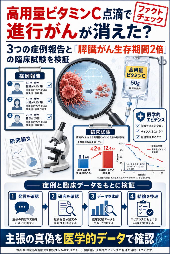 高用量ビタミンC点滴で進行がんが消えた？3つの症例報告と「膵臓がん生存期間2倍」の臨床試験を検証