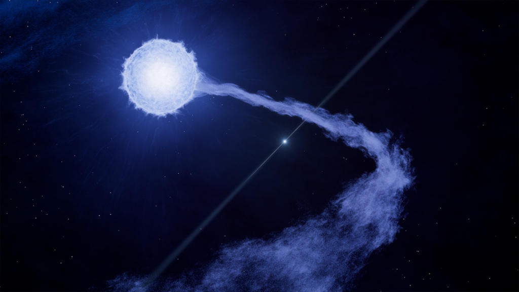 青色極超巨星から流れ出すプラズマの流れの中を通過するパルサーGX 301-2の想像図
