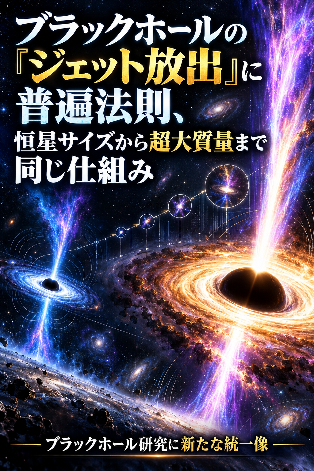 ブラックホールの「ジェット放出」に普遍法則、恒星サイズから超大質量まで同じ仕組み