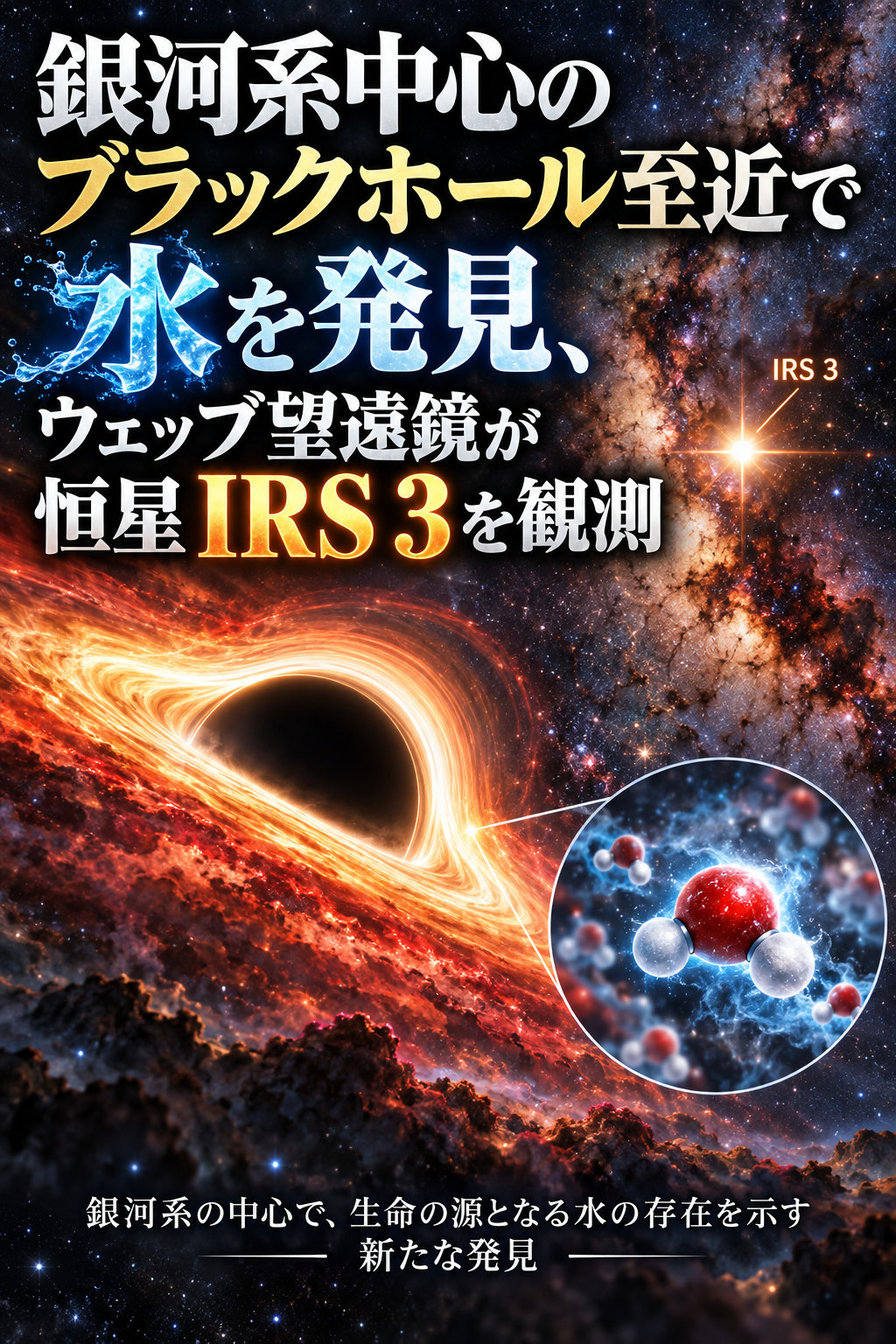 ChatGPT Image 2026年9月26日 19_08_32 銀河系中心のブラックホール至近で水を発見、ウェッブ望遠鏡が恒星IRS 3を観測