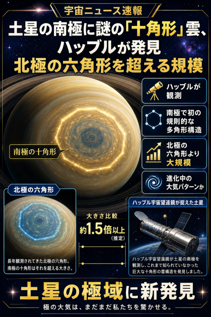 土星の南極に謎の「十角形」雲、ハッブルが発見 北極の六角形を超える規模