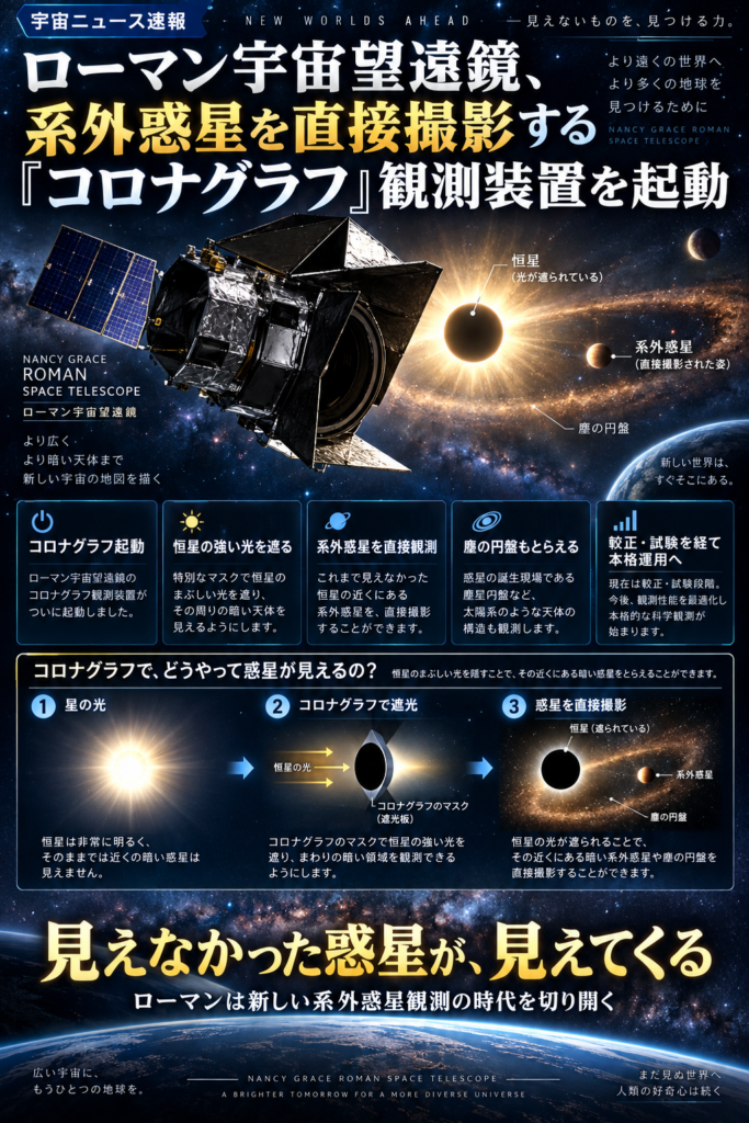 ローマン宇宙望遠鏡、系外惑星を直接撮影する「コロナグラフ」観測装置を起動