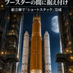 アルテミスIIIのSLSコアステージ、ブースターの間に据え付け 組立棟で「ショートスタック」完成
