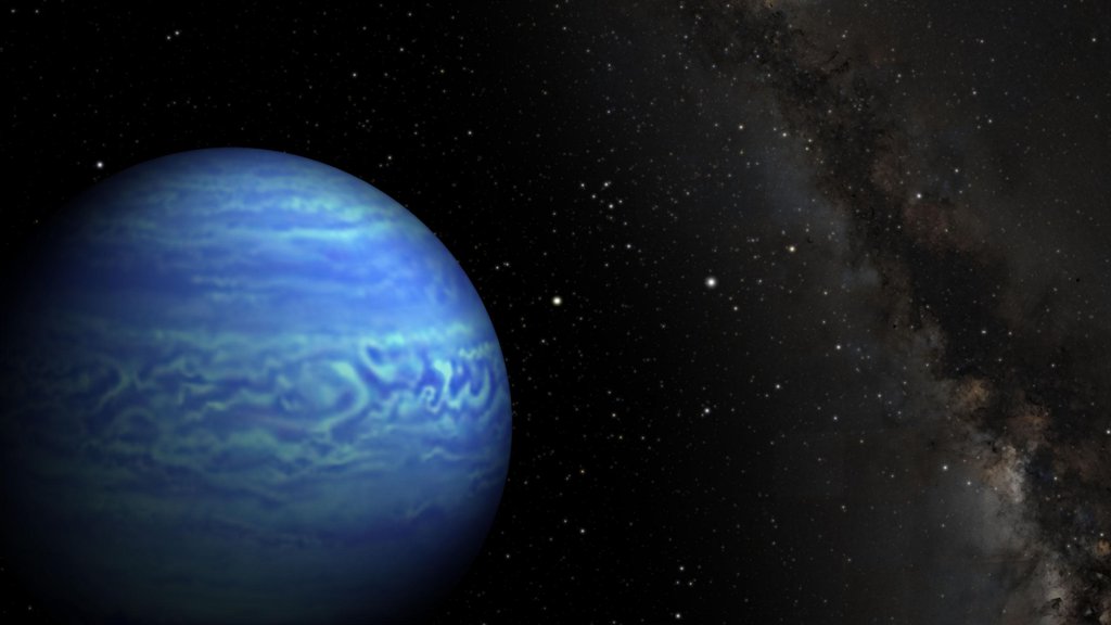 青い縞模様の雲に覆われた、最も冷たい褐色矮星WISE 0855の想像図