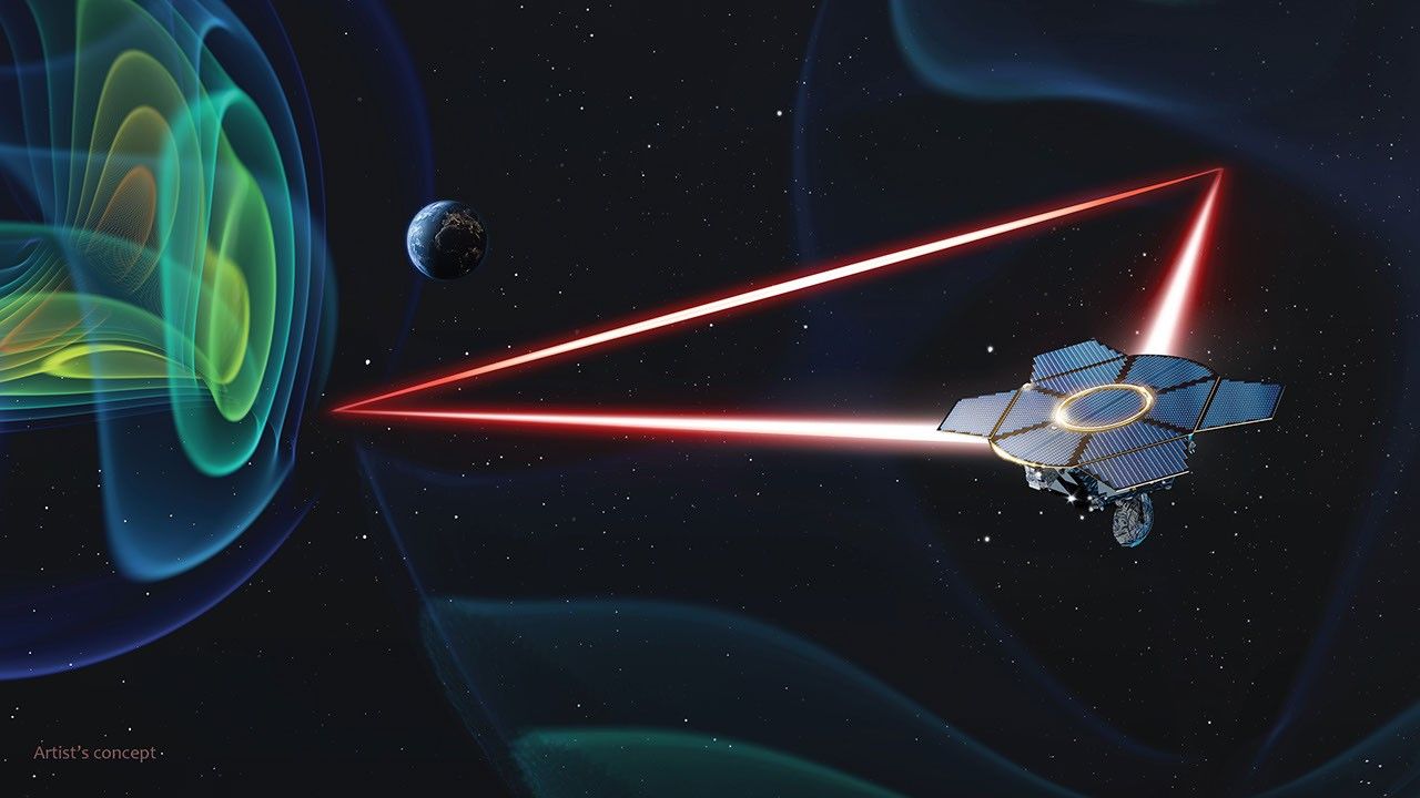 LISA衛星からレーザーが三角形に伸びる様子を描いた想像図