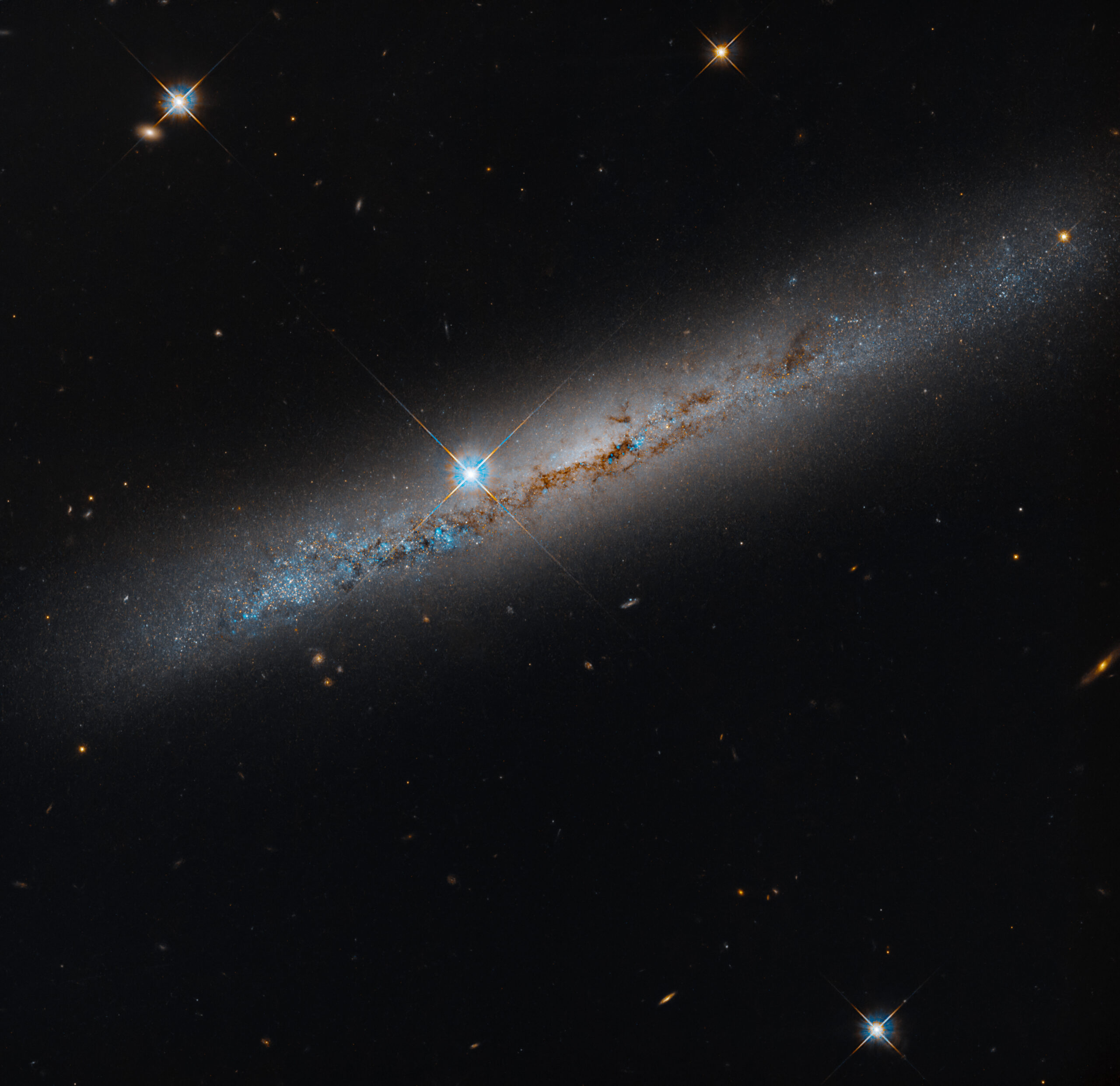 斜めに横たわる渦巻銀河NGC 1827。赤茶色の塵の帯と青い星形成領域、中央左に回折スパイクを持つ明るい星が写っている