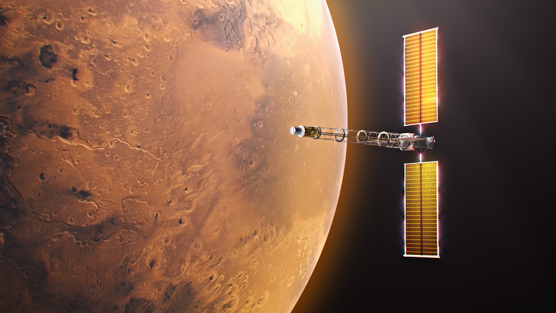 火星を背景に、ブームの先端に原子炉を備えた宇宙船SR-1 Freedomを描いたイラスト