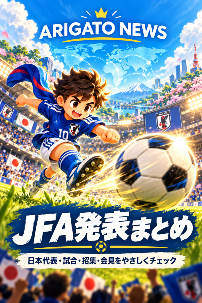 arigato.news JFA発表まとめ速報、アイキャッチ　縦長ピンタレスト用